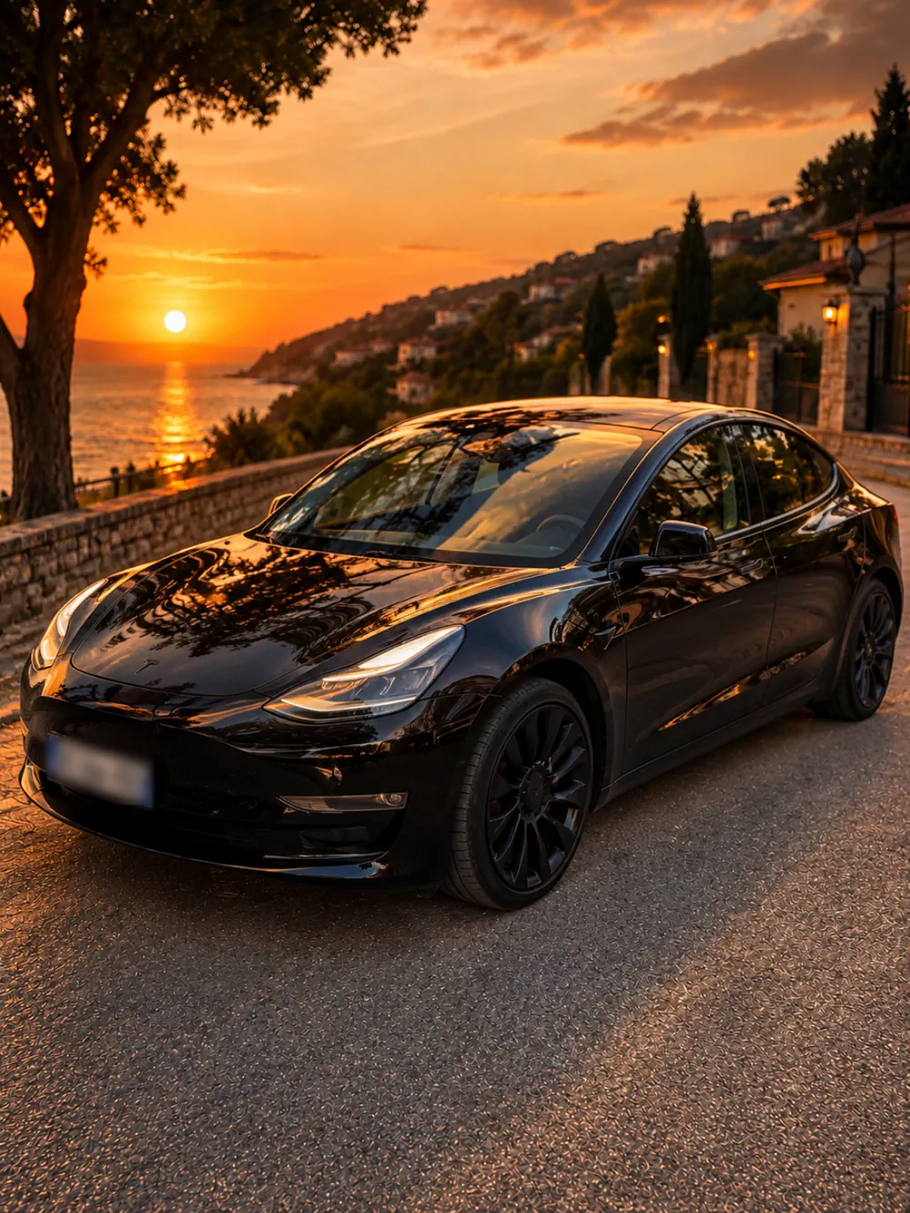 Tesla Model 3 noire de Yo VTC 31 au coucher du soleil