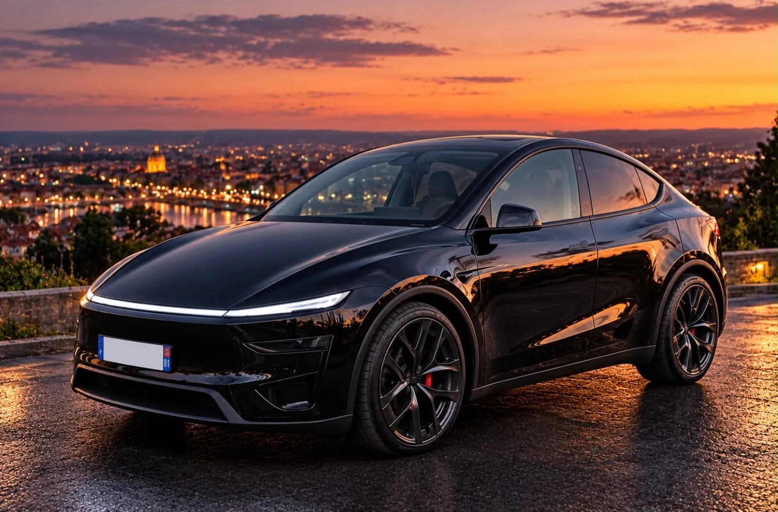 Tesla Model Y noire aux vitres teintées et jantes noires, au coucher du soleil